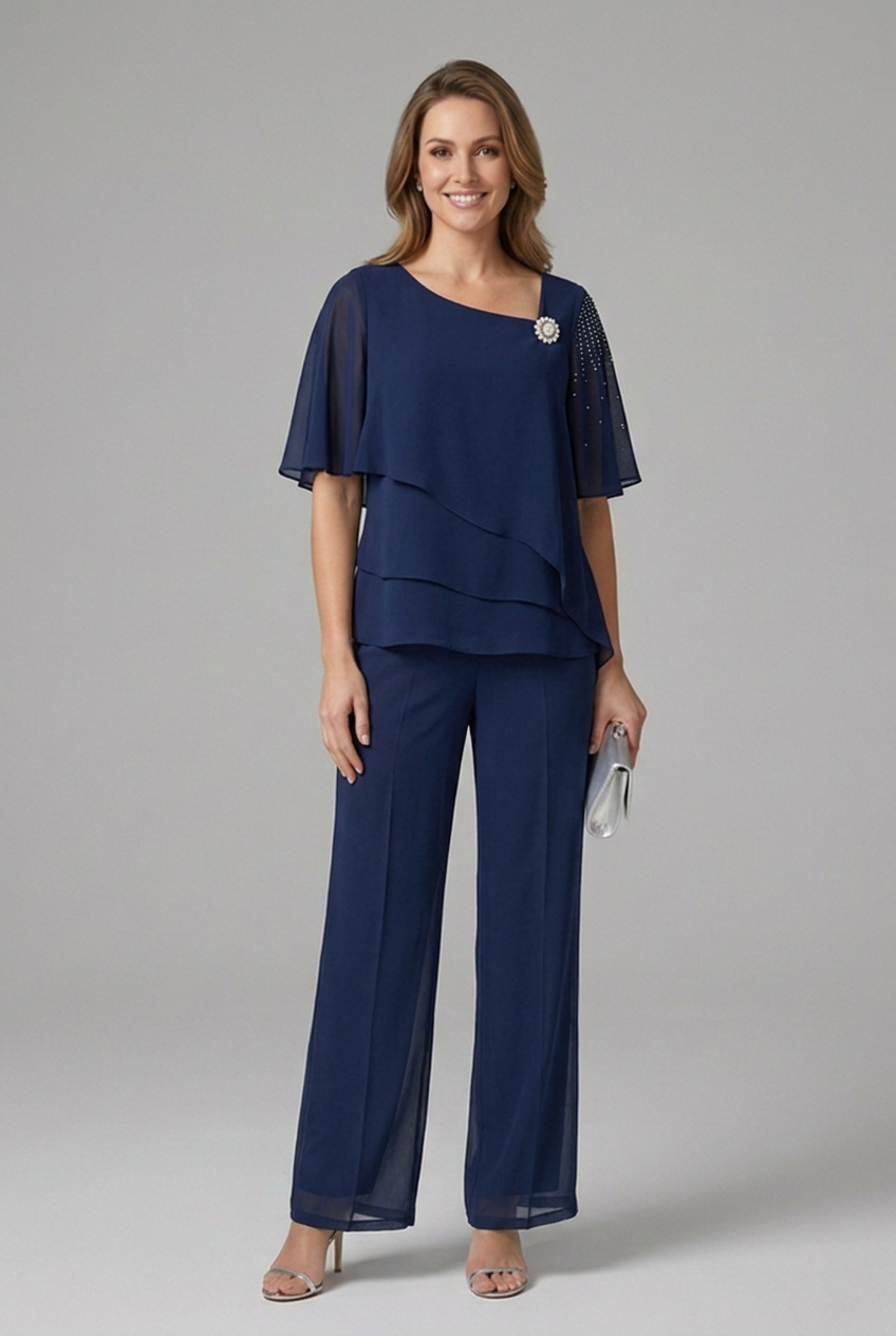 Inez | Women's Two-Piece Set | Layered Top & Straight Leg Trousers | Navy Blue
