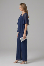 Inez | Women's Two-Piece Set | Layered Top & Straight Leg Trousers | Navy Blue