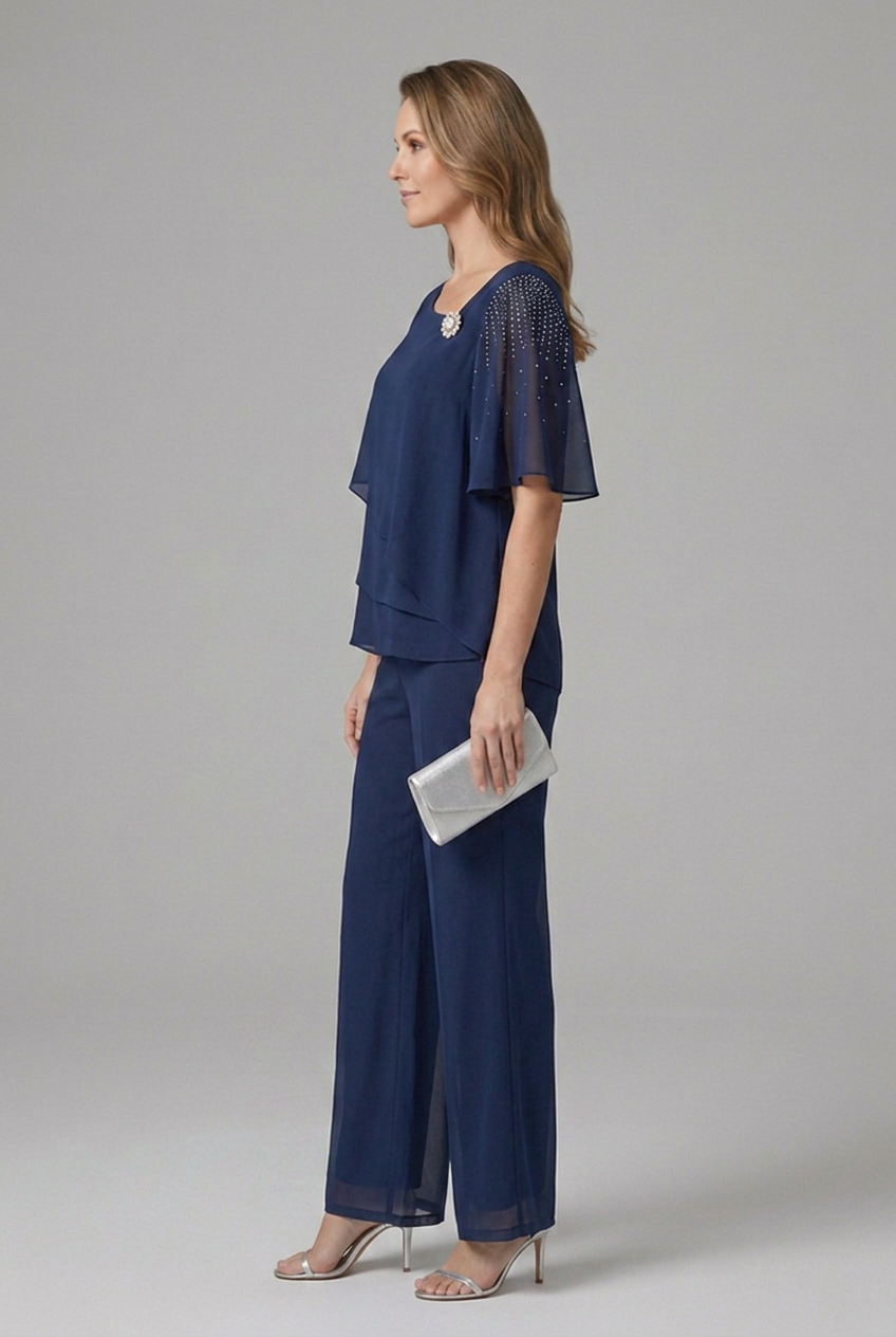 Inez | Women's Two-Piece Set | Layered Top & Straight Leg Trousers | Navy Blue