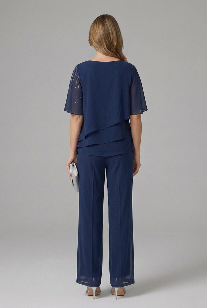 Inez | Women's Two-Piece Set | Layered Top & Straight Leg Trousers | Navy Blue