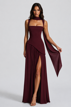 Satin Dress Women Long Maxi Fitted Bodice Asymmetric Draped Skirt