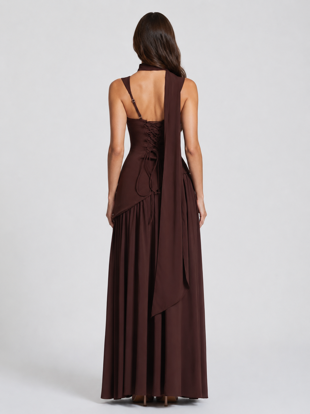 Satin Dress Women Long Maxi Fitted Bodice Asymmetric Draped Skirt