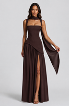 Satin Dress Women Long Maxi Fitted Bodice Asymmetric Draped Skirt