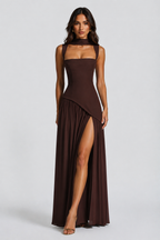 Satin Dress Women Long Maxi Fitted Bodice Asymmetric Draped Skirt