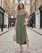Women Sleeveless Maxi Dress Side Slit with Pockets