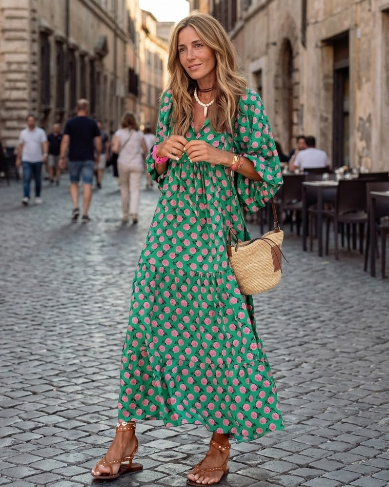 Seraphina | Maxi Boho Dress | Women's V-Neck, Geometric Print | Flowy, Green