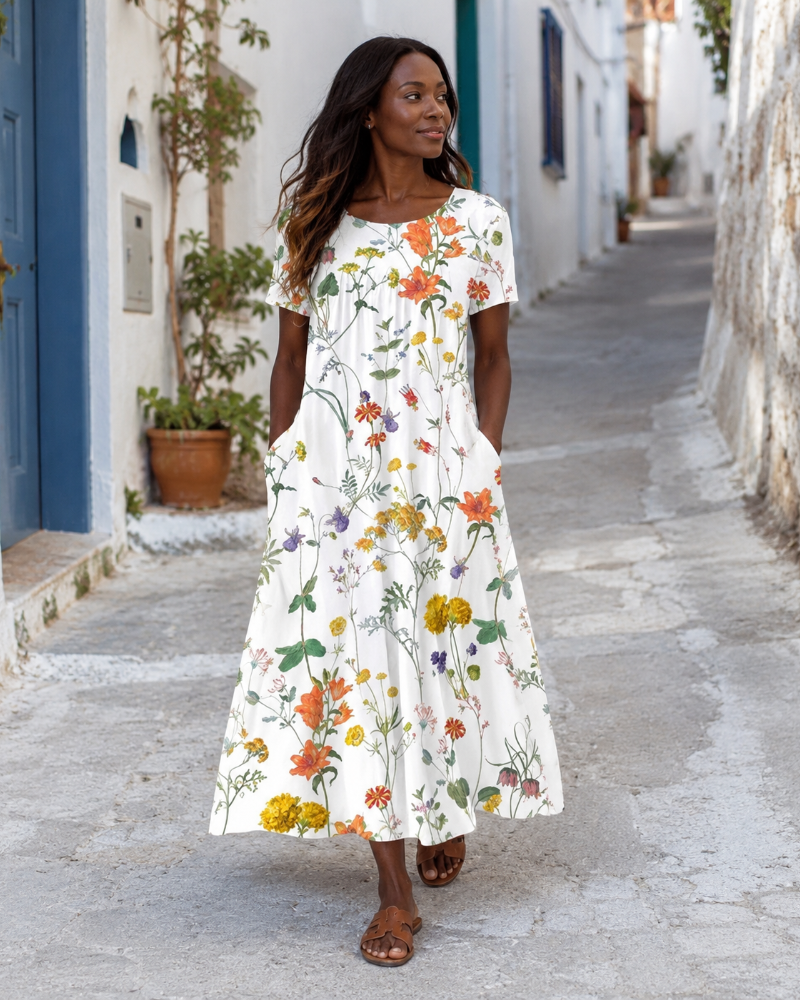Greta | Women's Floral Summer Dress | Short Sleeve, Round Neck | White