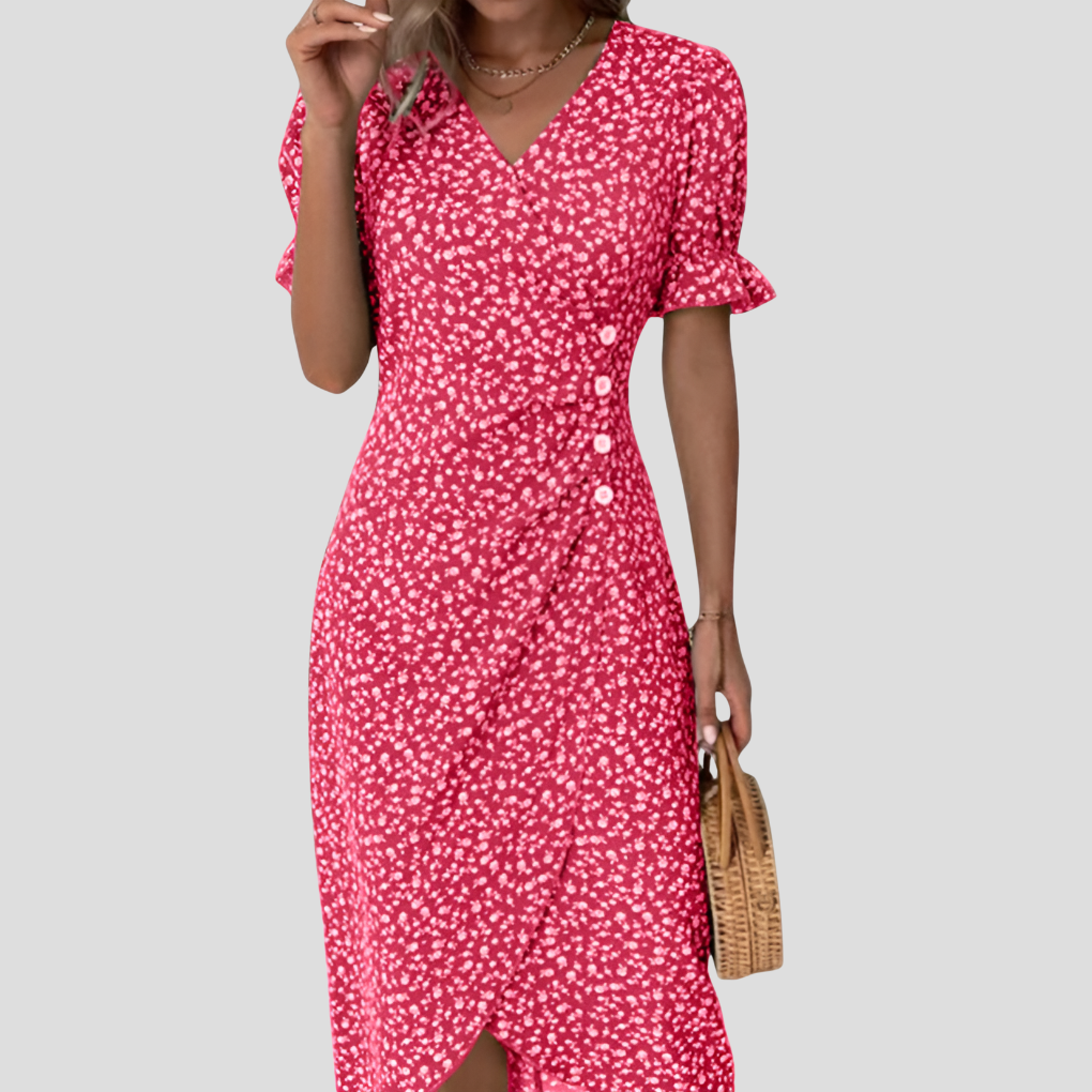 Zinnia | Women's Floral Midi Dress | V-Neck, Puff Sleeves, A-Line | Summer