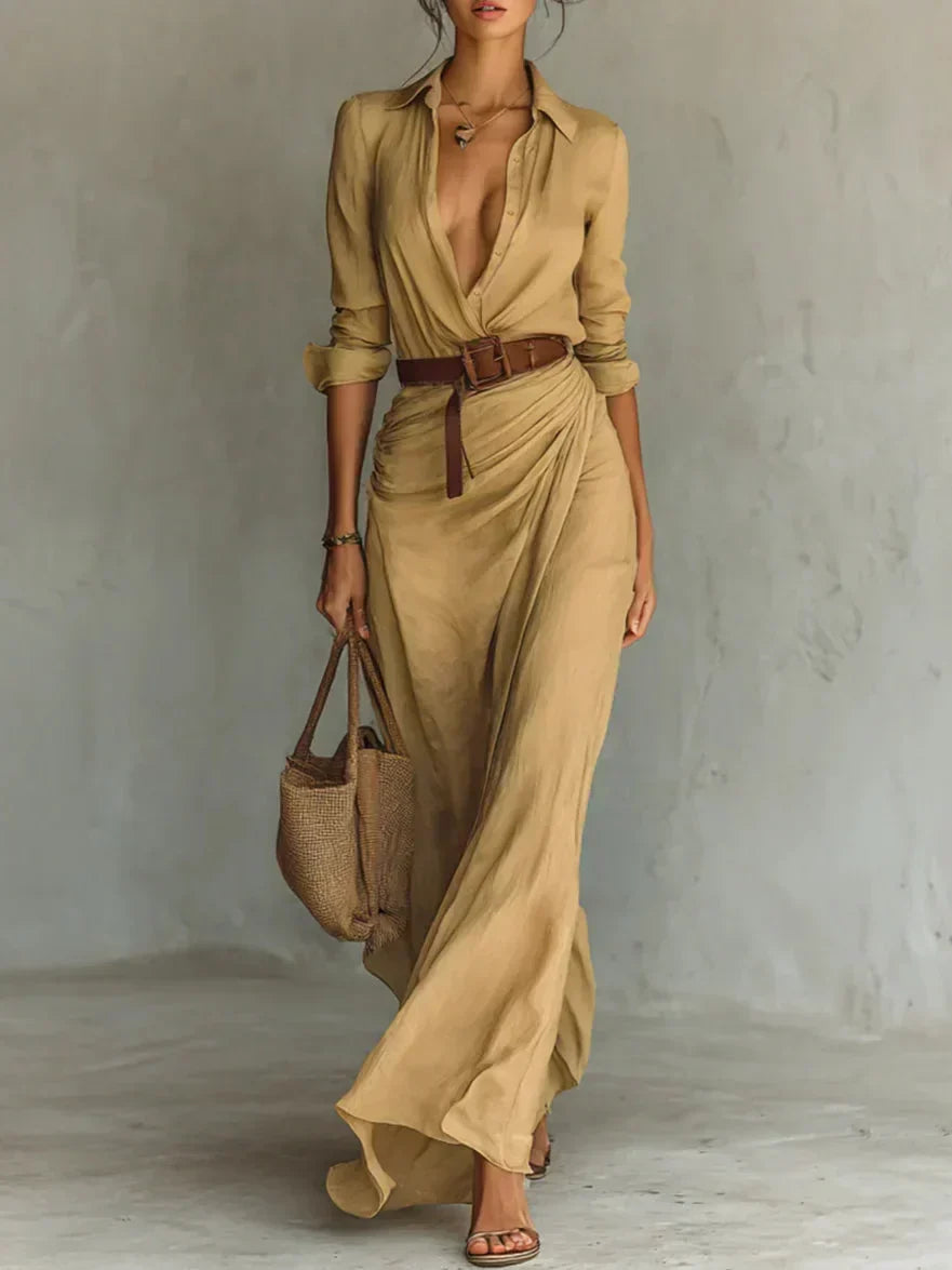 Shirt Dress Women Ruched Maxi Long Sleeve Button Front Belted | Marlow