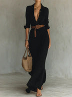 Shirt Dress Women Ruched Maxi Long Sleeve Button Front Belted | Marlow