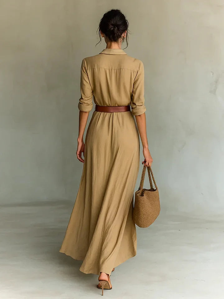 Shirt Dress Women Ruched Maxi Long Sleeve Button Front Belted | Marlow