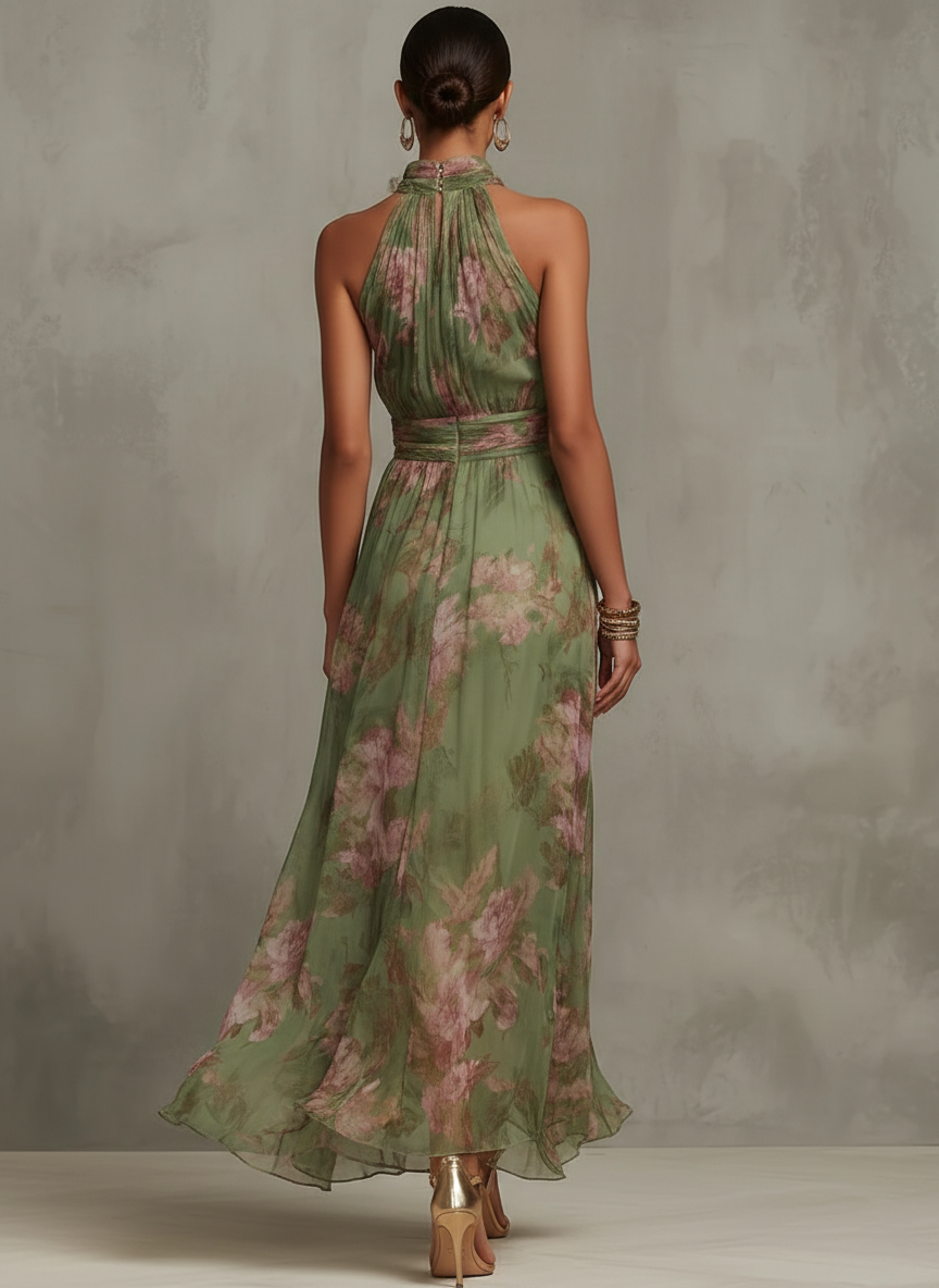 Juno | Women's Maxi Dress | Halter Neck, Floral Print | Green