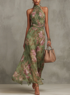 Summer Dress Women Floral Print Halter Neck Lightweight Flowy Maxi
