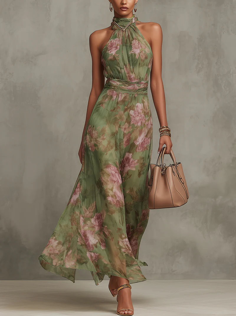 Summer Dress Women Floral Print Halter Neck Lightweight Flowy Maxi