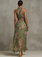 Summer Dress Women Floral Print Halter Neck Lightweight Flowy Maxi