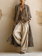Women Wide Leg Linen Pants 3 Piece Set Ethnic Print Cardigan | Selene