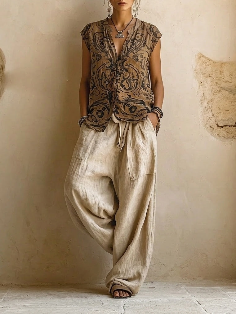Briar | Women's Linen 3-Piece Set | Wide-Leg Pants, Top & Cardigan | Cotton Blend