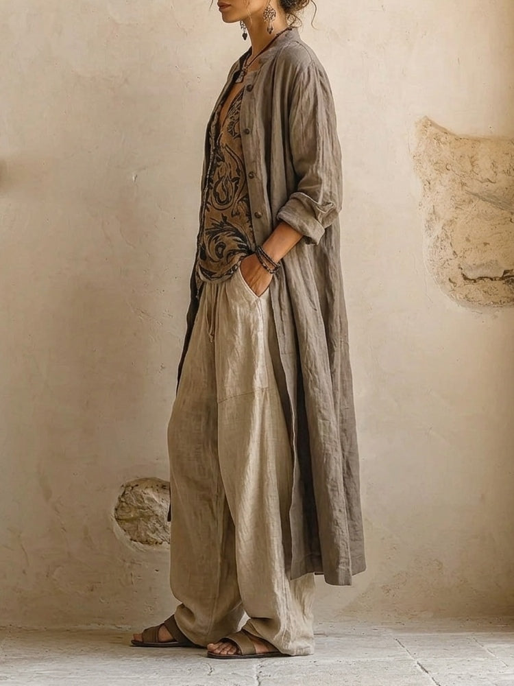 Women Wide Leg Linen Pants 3 Piece Set Ethnic Print Cardigan | Selene