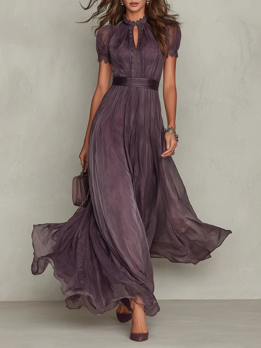 Cosima | Women's Maxi Dress | Violet Keyhole Neckline, Lace Detail | Chiffon