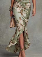 Wynne | Women's Floral Satin Dress | Midi, V-Neck, Ruched Waist