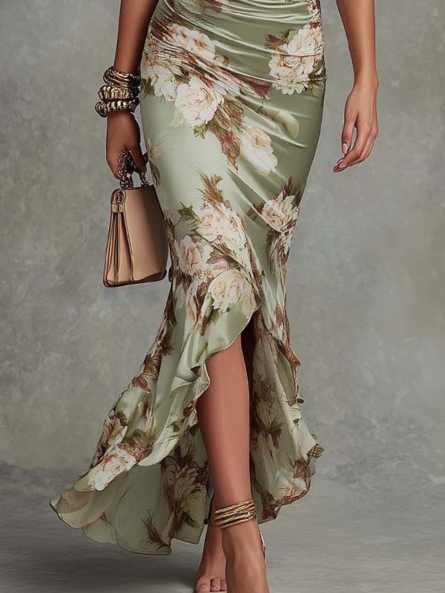 Wynne | Women's Floral Satin Dress | Midi, V-Neck, Ruched Waist