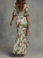 Wynne | Women's Floral Satin Dress | Midi, V-Neck, Ruched Waist