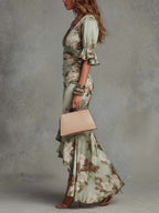 Wynne | Women's Floral Satin Dress | Midi, V-Neck, Ruched Waist