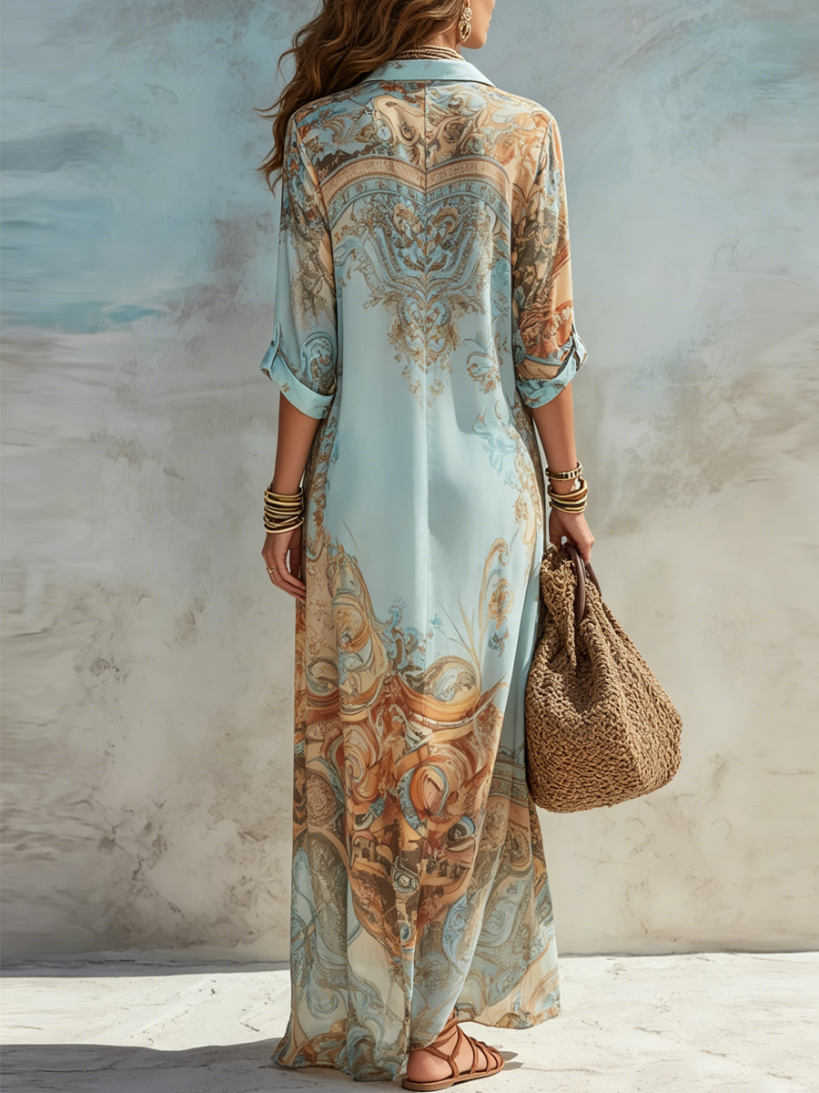 Women Maxi Shirt Dress Coastal Print