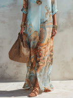 Women Maxi Shirt Dress Coastal Print