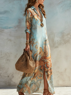 Women Maxi Shirt Dress Coastal Print