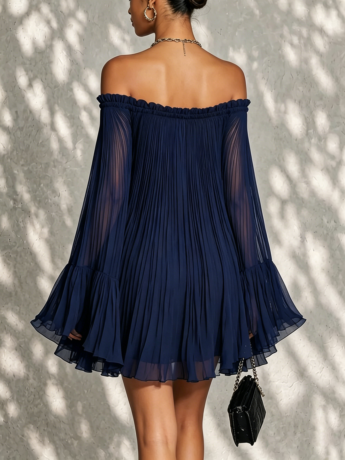 Mini Dress Women Off Shoulder Sheer Bell Sleeve Ruffle Pleated