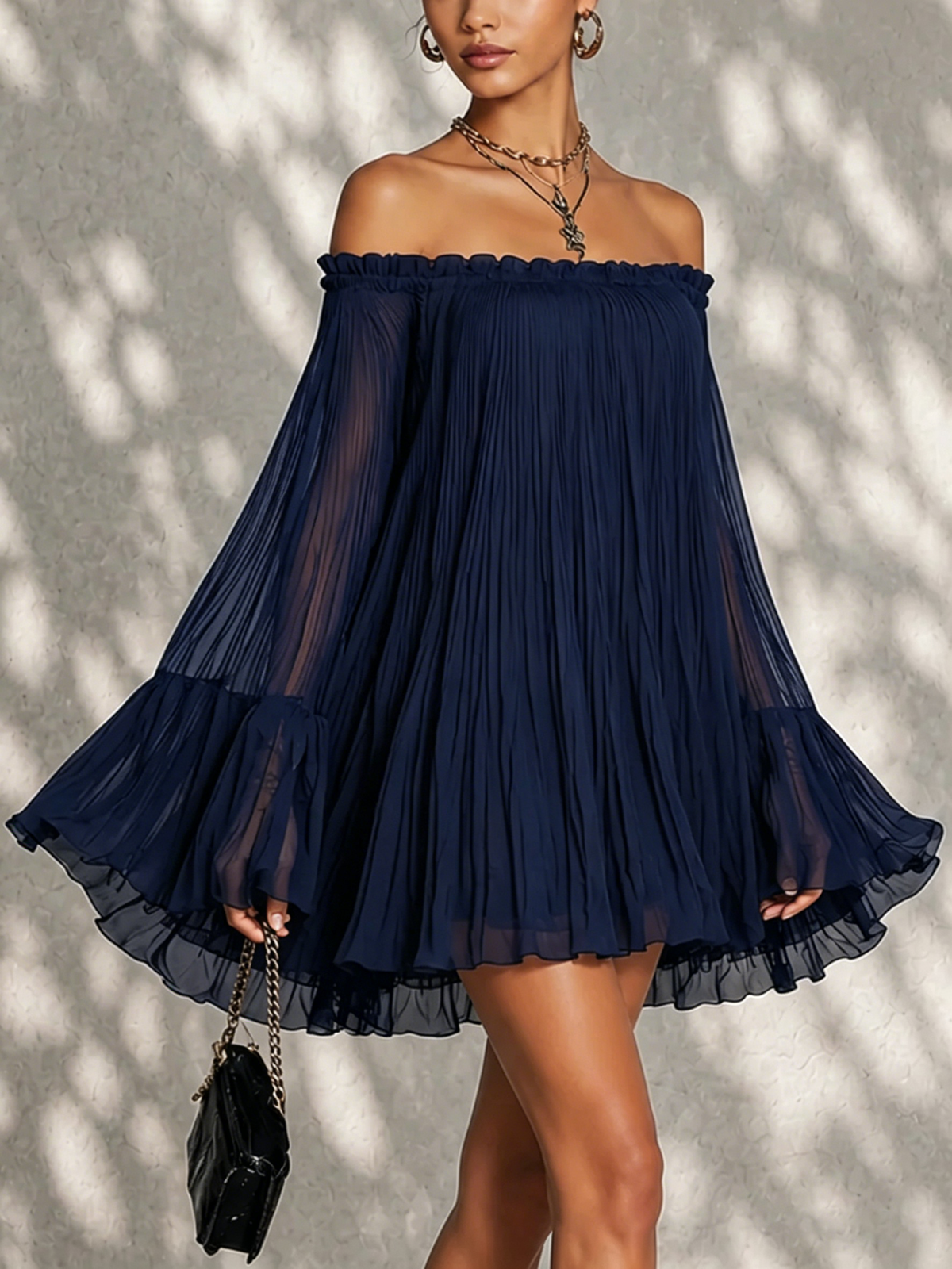 Mini Dress Women Off Shoulder Sheer Bell Sleeve Ruffle Pleated