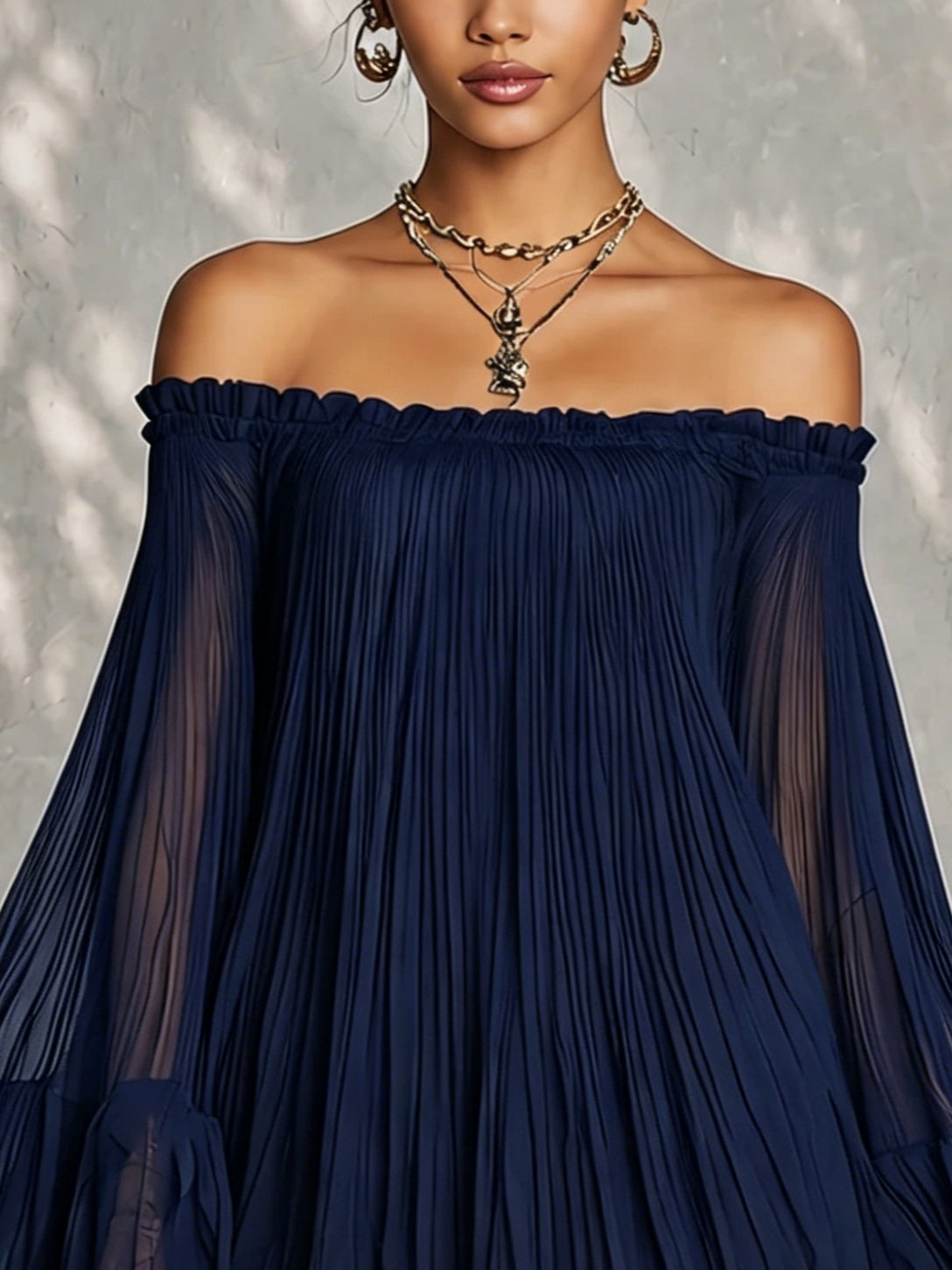 Mini Dress Women Off Shoulder Sheer Bell Sleeve Ruffle Pleated