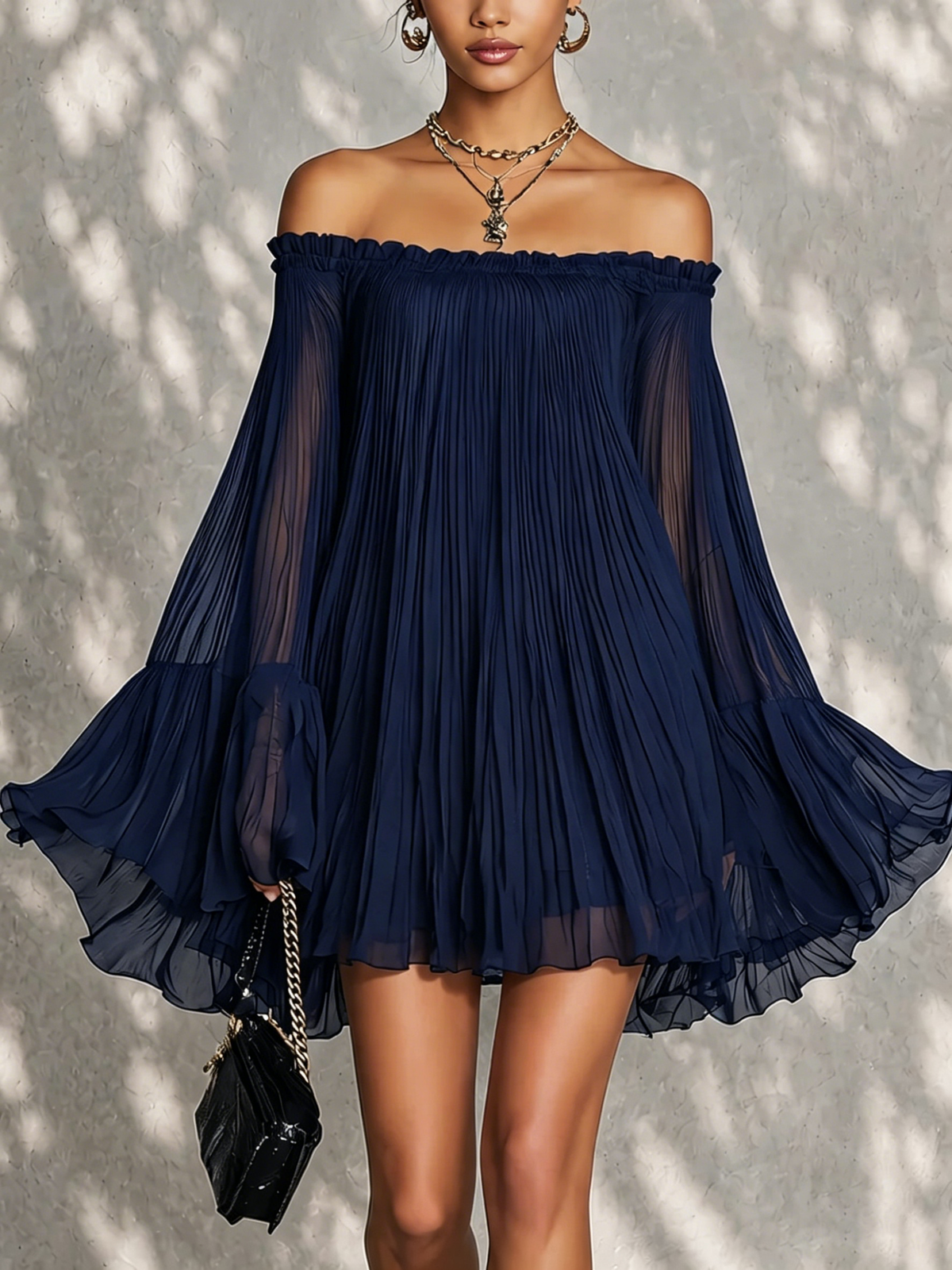 Mini Dress Women Off Shoulder Sheer Bell Sleeve Ruffle Pleated
