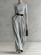 Women 2 Piece Set High Collar Top Wide Leg Trousers
