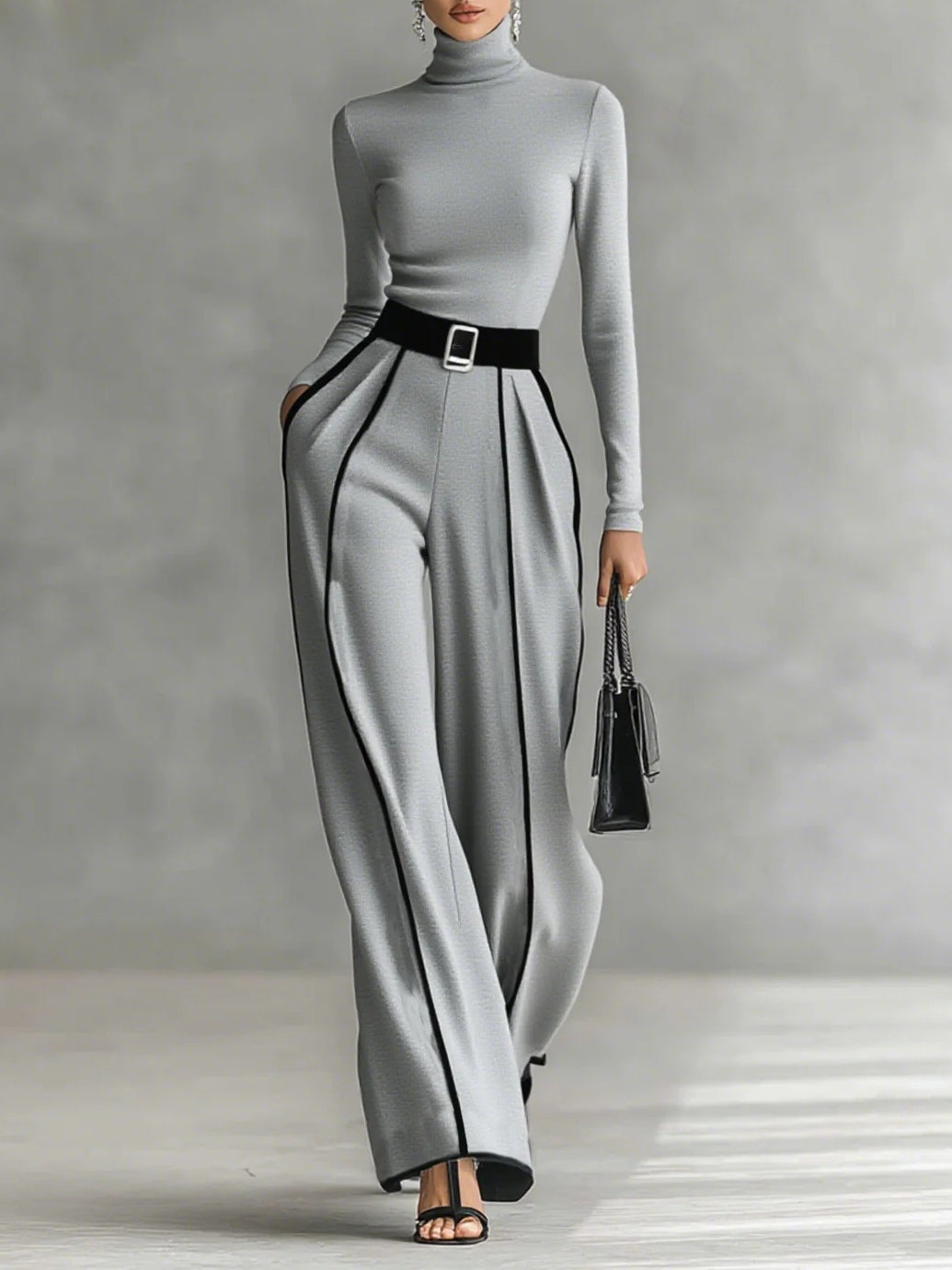 Women 2 Piece Set High Collar Top Wide Leg Trousers