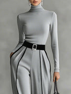 Women 2 Piece Set High Collar Top Wide Leg Trousers