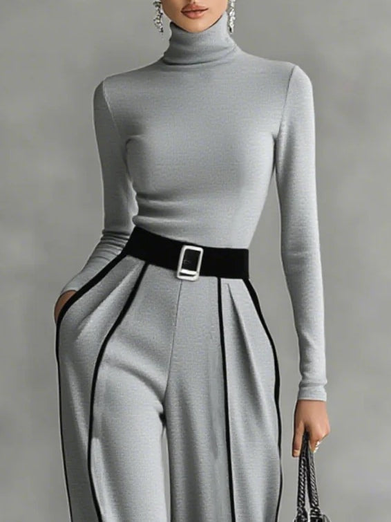 Women 2 Piece Set High Collar Top Wide Leg Trousers