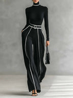 Women 2 Piece Set High Collar Top Wide Leg Trousers