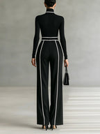 Women 2 Piece Set High Collar Top Wide Leg Trousers