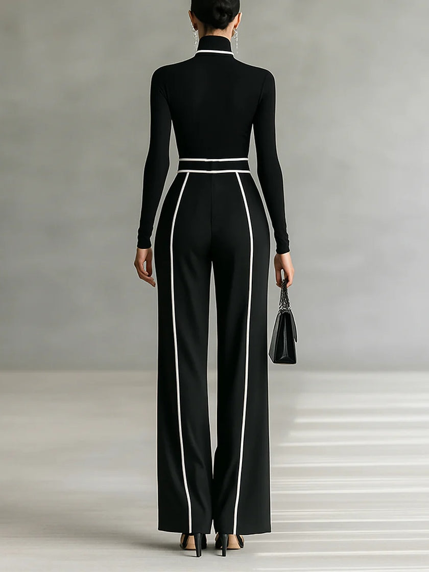 Women 2 Piece Set High Collar Top Wide Leg Trousers