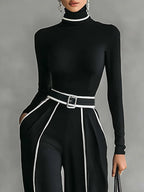 Women 2 Piece Set High Collar Top Wide Leg Trousers