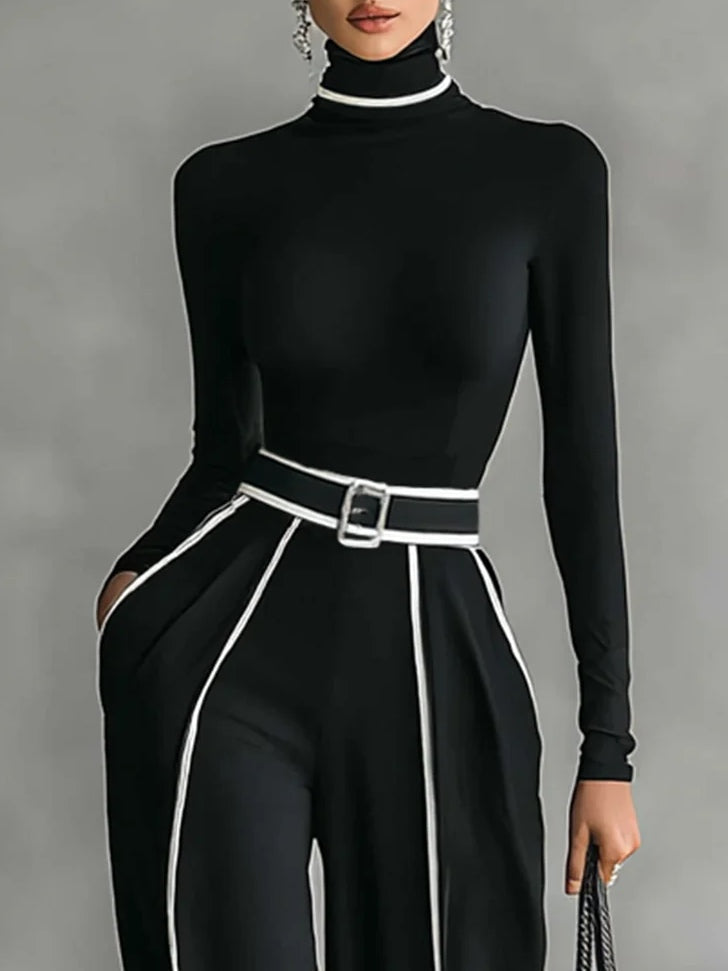 Women 2 Piece Set High Collar Top Wide Leg Trousers