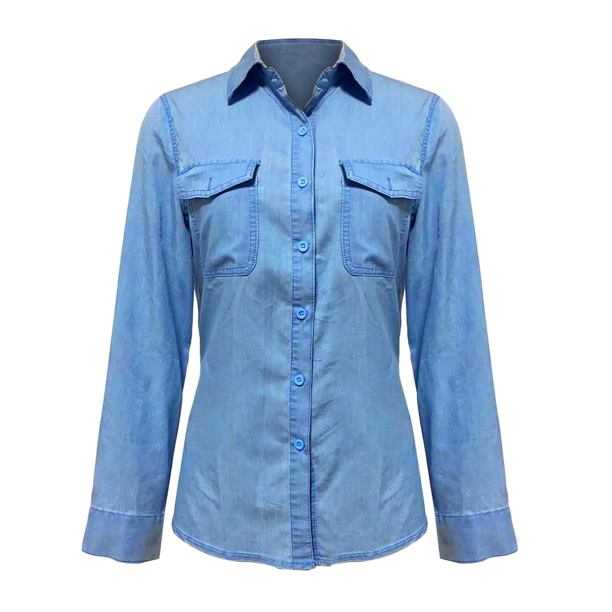 Women denim shirt classic fit in blue, cotton button-up top