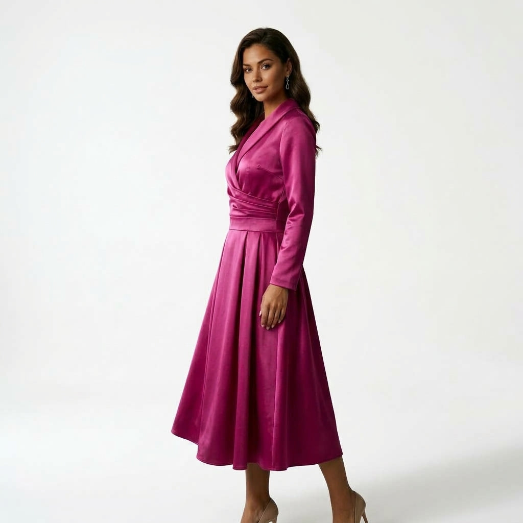 Midi Dress Women Fuchsia Pink Side Pockets Plus Size Options