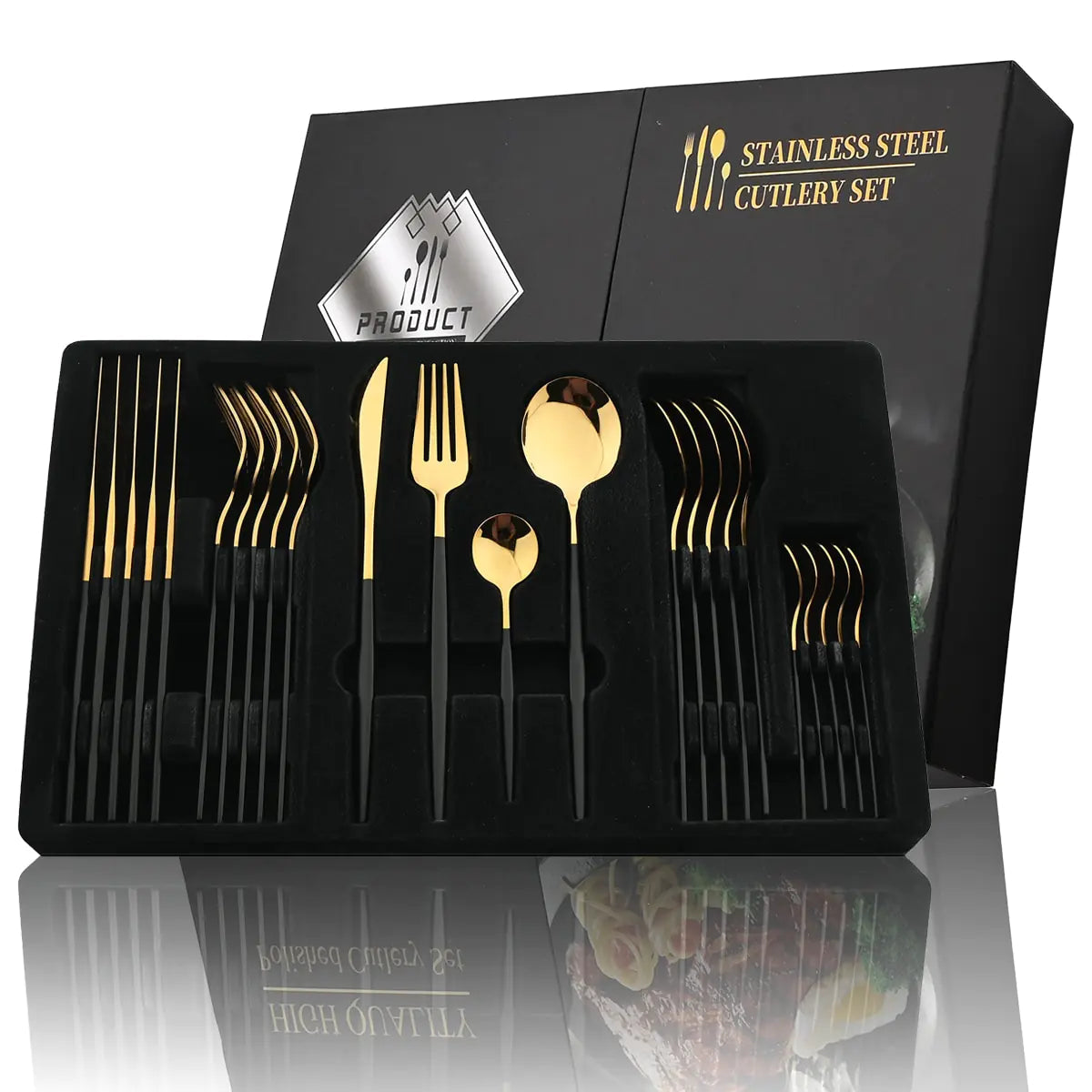 Kira | Cutlery Set 24 Piece | Stainless Steel, Gold Accent | Black, White, Rose