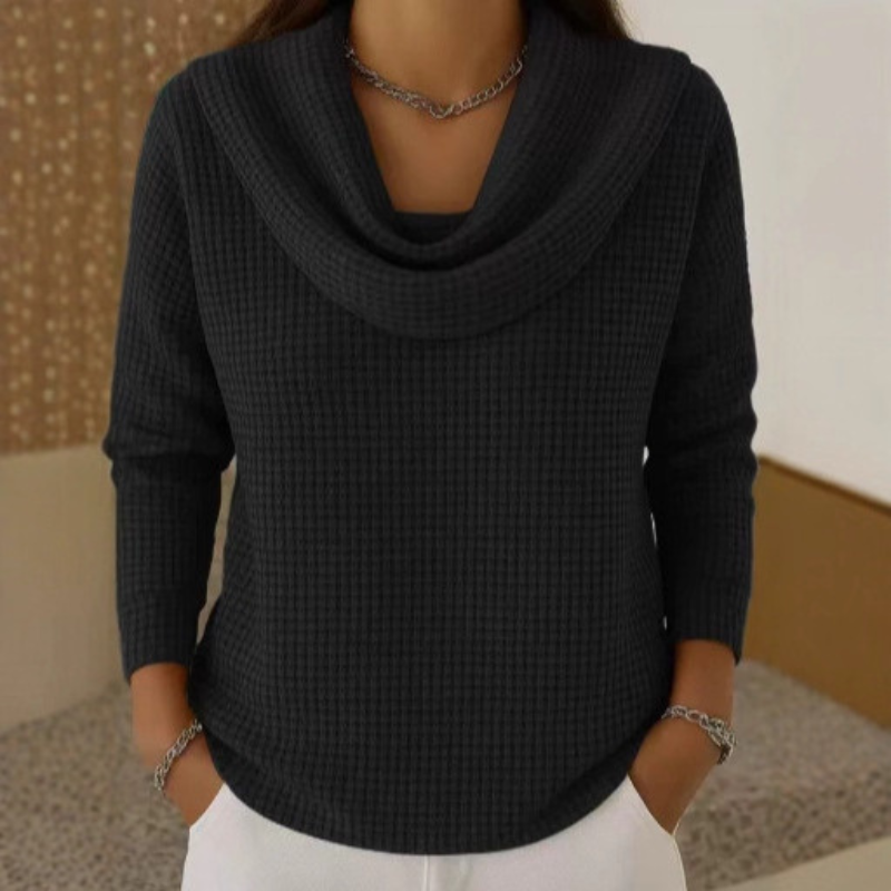 Women Waffle Knit Sweater Waterfall Neck