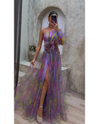 Evening Maxi Dress | One-Shoulder, Floral Appliqué & High Slit | Noor