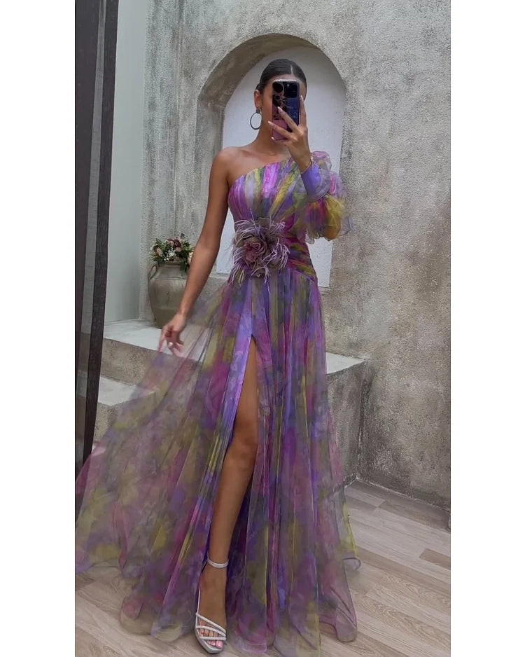 Evening Maxi Dress | One-Shoulder, Floral Appliqué & High Slit | Noor