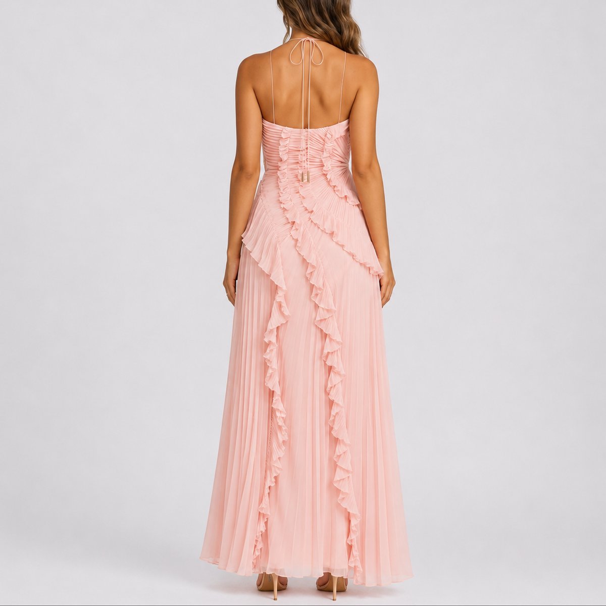Women Halter Neck Ruffle Maxi Dress High Low Hem